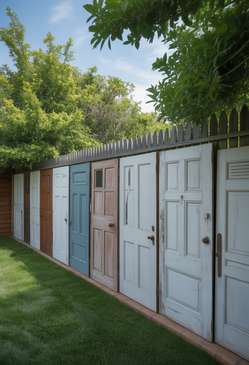 A backyard fence made from various old wooden doors arranged side by side, surrounded by green grass and trees under a clear sky.