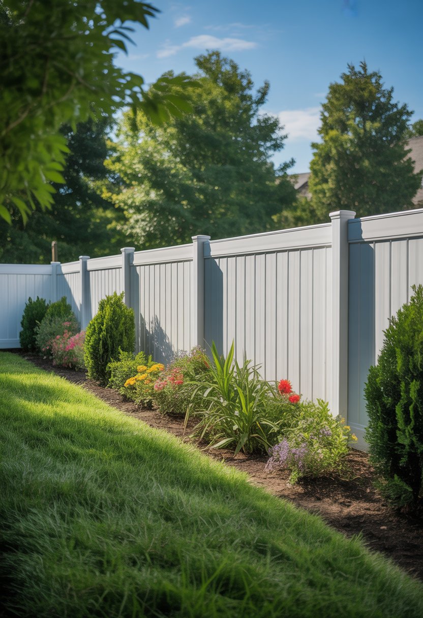 A newly installed white vinyl fence surrounding a green backyard with flowers and shrubs, with DIY tools on a workbench nearby.