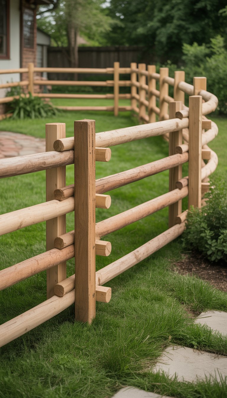 A rustic wooden split rail fence in a grassy outdoor area with trees and blue sky in the background.