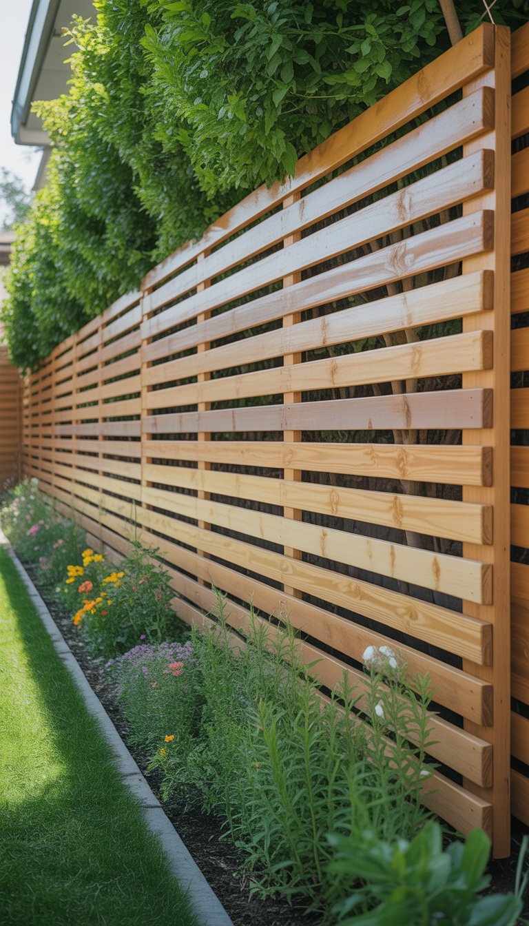 A horizontal wooden slat fence in a garden with green grass and flowers.