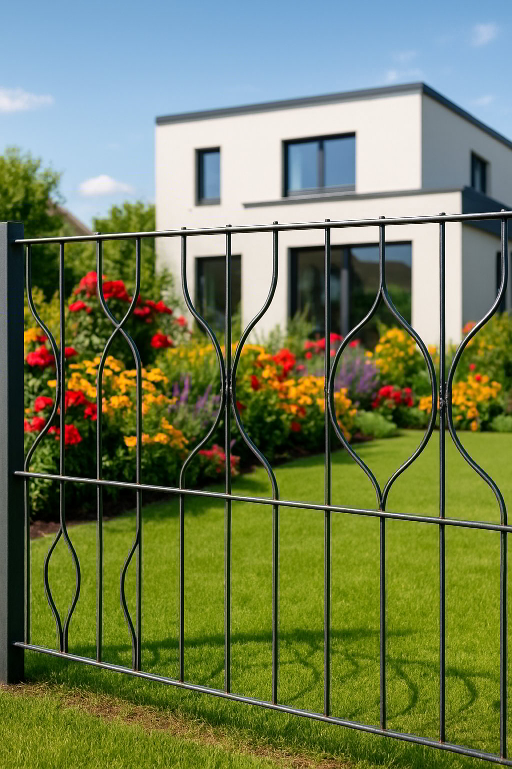 A decorative wire panel fence covering the backyard garden with green grass, flowers, and a modern house in the background.