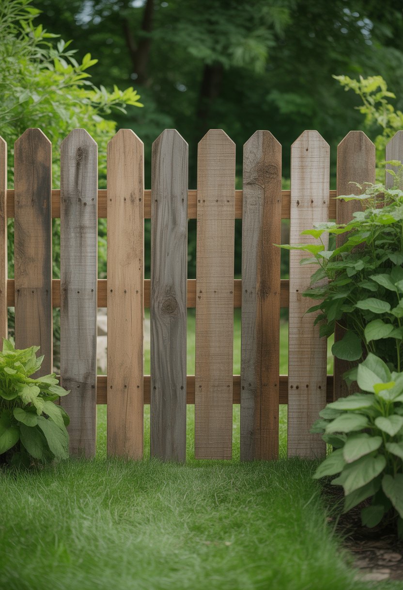 A rustic wooden fence made from reclaimed wood in a garden setting with green grass and plants.