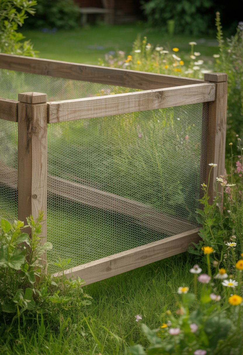 A wooden frame fence with chicken wire in a garden setting, surrounded by grass and wildflowers.
