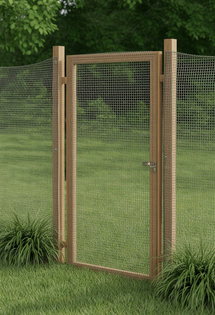 A mesh wire fence with wooden posts standing outdoors surrounded by grass and natural ground.