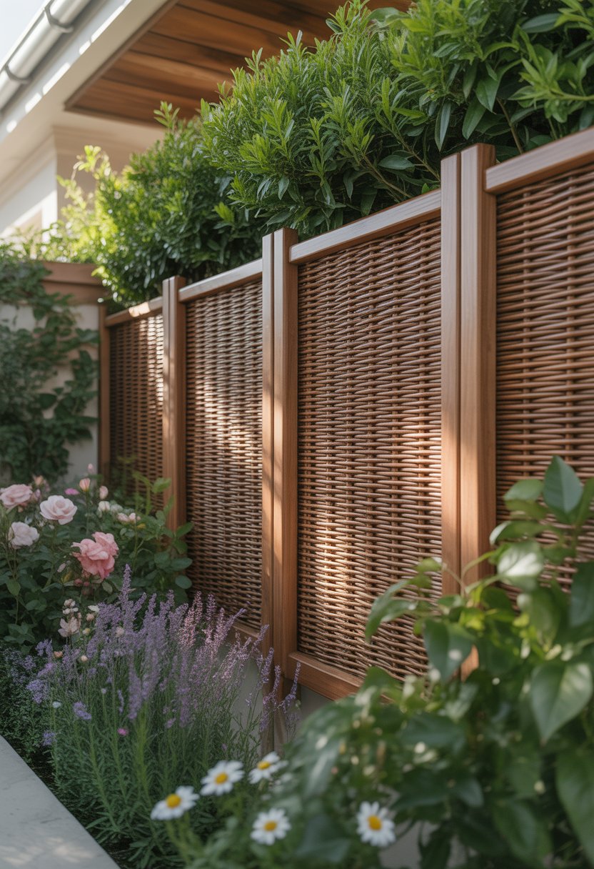 A garden scene with classic woven wooden hurdle fence panels surrounded by green plants and flowers.
