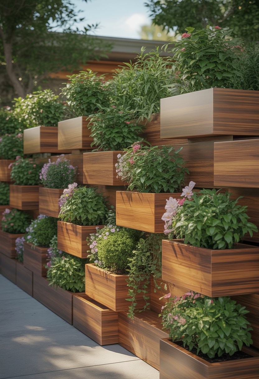 A tall fence made of stacked wooden planter boxes filled with green plants and flowers in a garden.