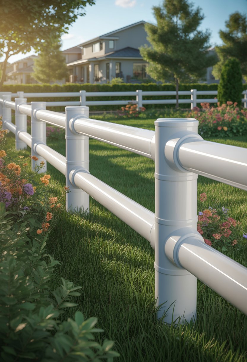 A white PVC pipe fence in a sunny backyard garden with green grass, flowers, and a suburban house in the background.
