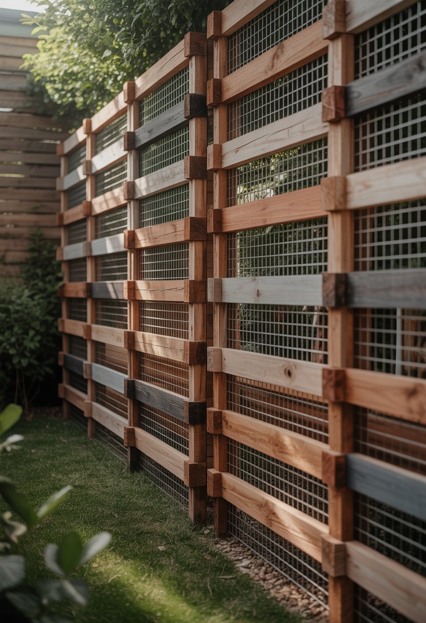 A wooden fence made from recycled pallets and wire mesh in a garden setting.