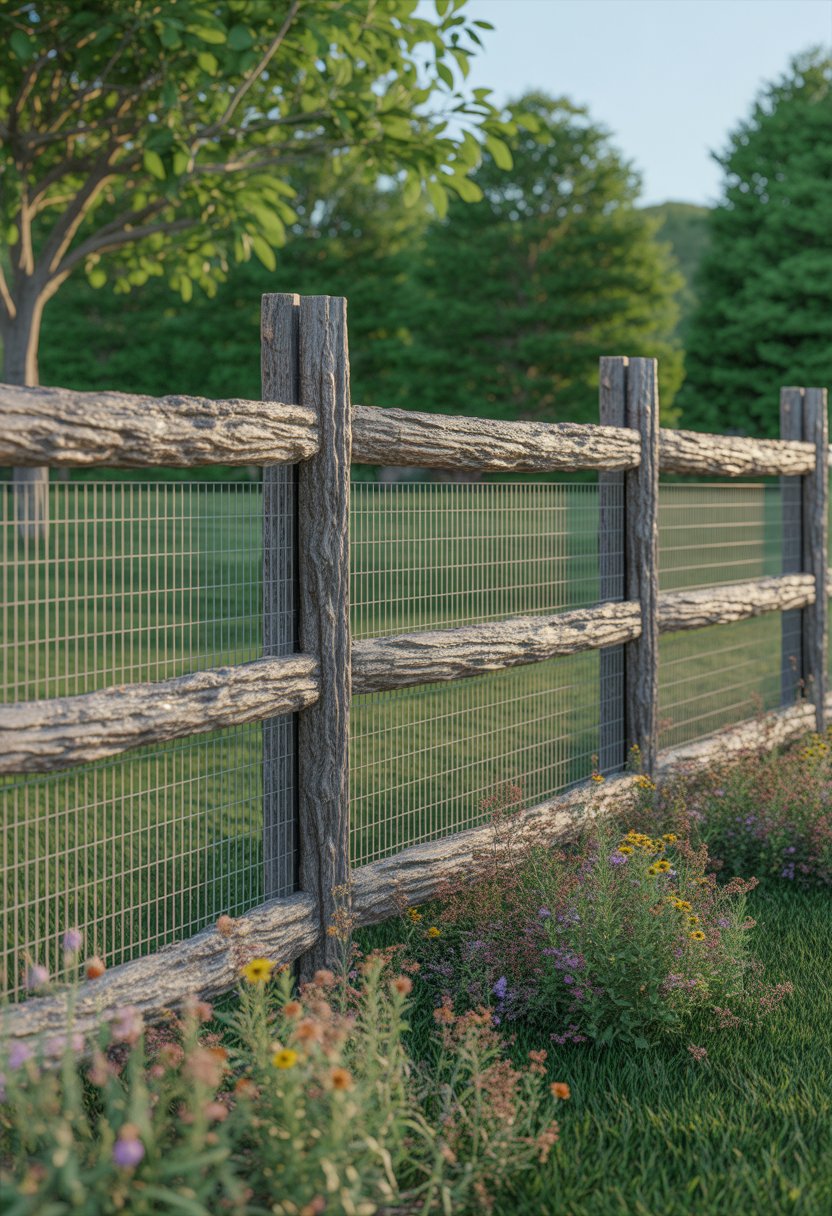 A rustic split rail fence with wire mesh in a grassy rural area with wildflowers and trees in the background.
