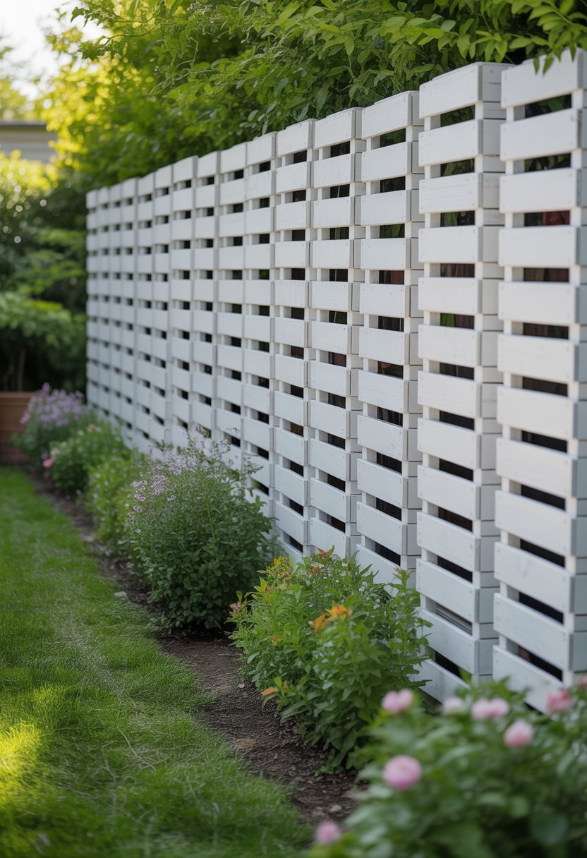 A fence made from stacked painted wooden crates in a garden setting with grass and flowers.