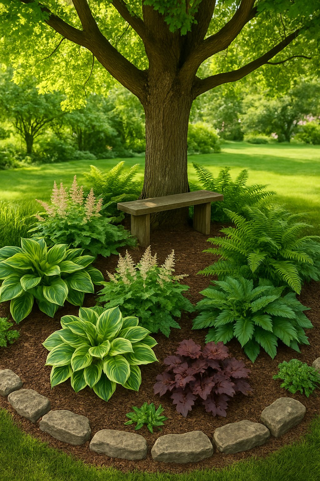 A lush, serene garden nestled beneath a spreading tree, filled with ferns, hostas, and other shade-loving plants. A winding path leads through the verdant space