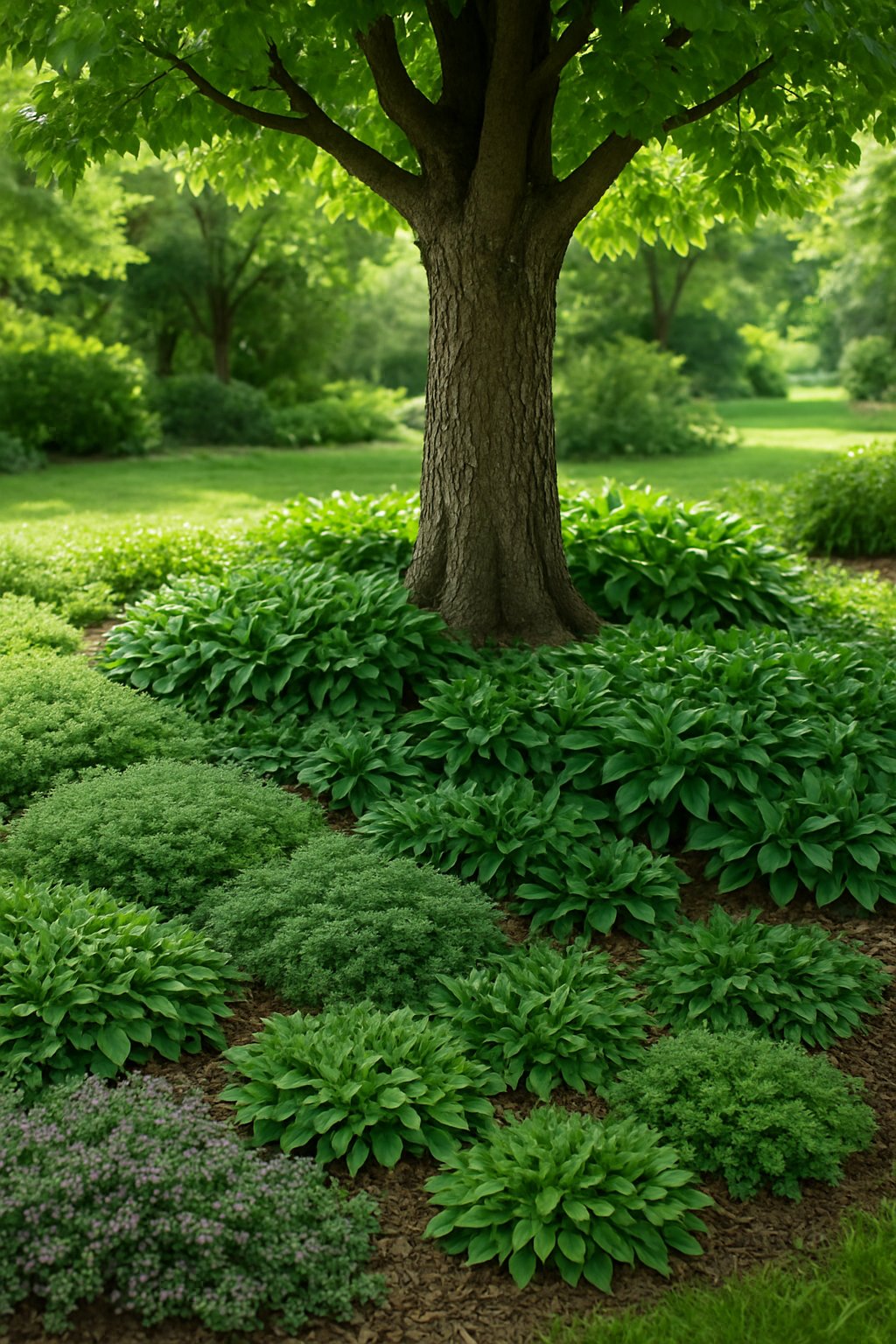 Lush ground covers blanket the base of a large tree, creating a colorful and textured landscape