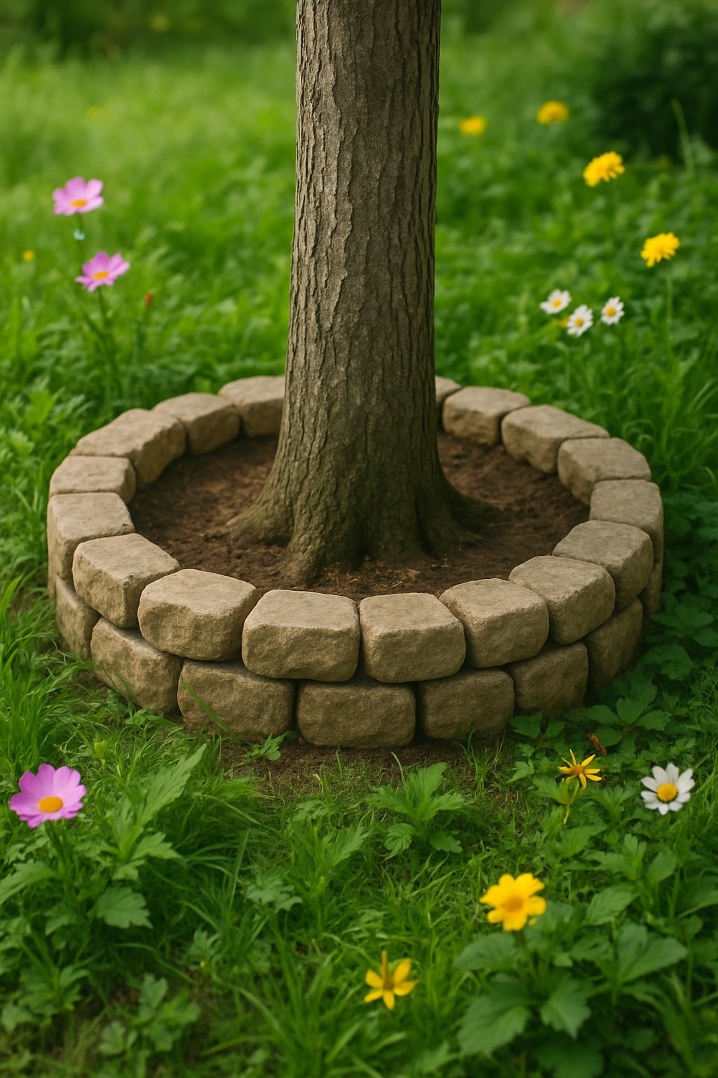 A tree ring made of stones, surrounded by lush greenery and flowers, creating a tranquil and natural landscaping feature