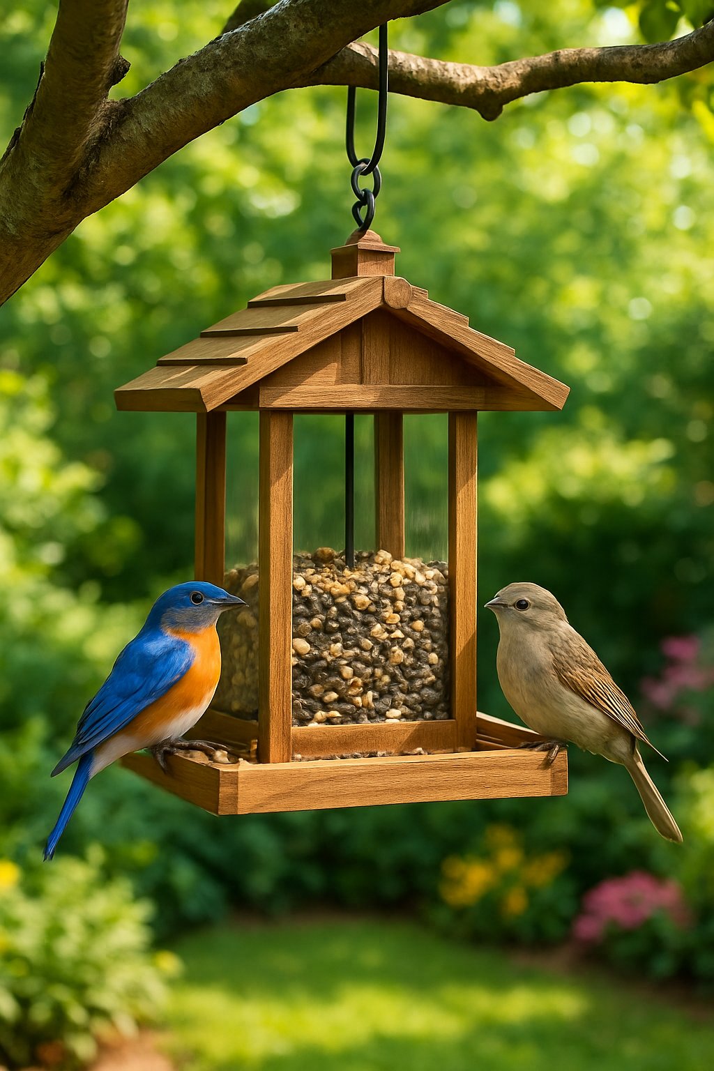 A bird feeder hangs from a tree branch featuring 2 birds, surrounded by lush landscaping, should look real