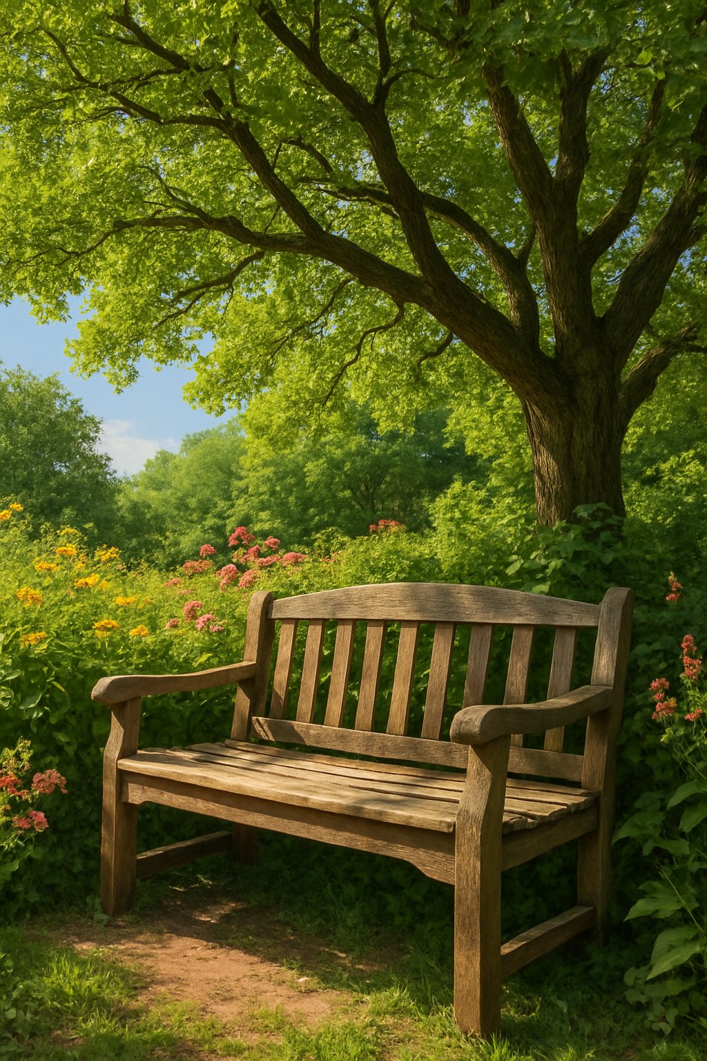 A wooden bench sits beneath a sprawling tree, surrounded by lush greenery and colorful flowers