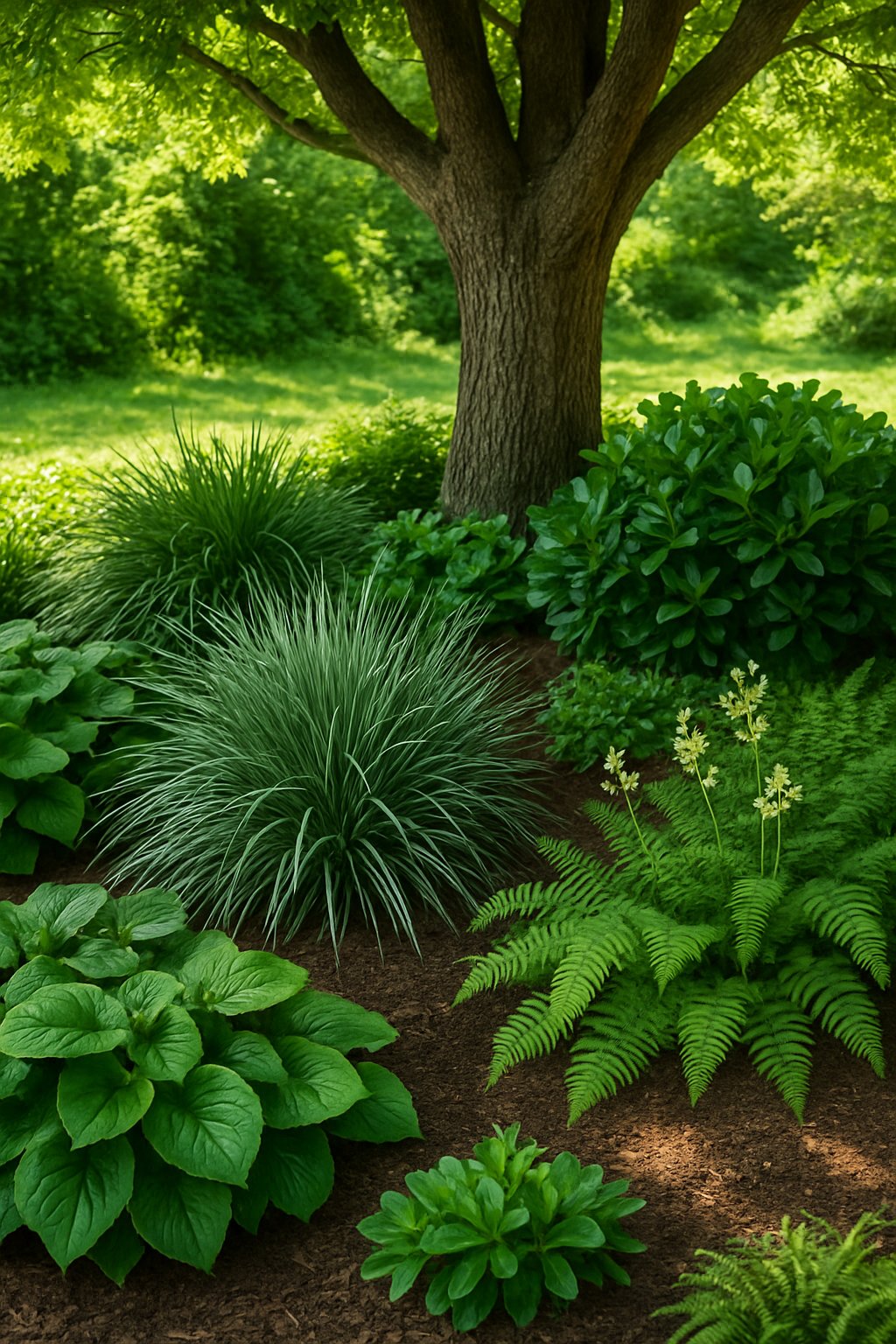 under tree landscaping ideas featuring Use contrasting plant textures