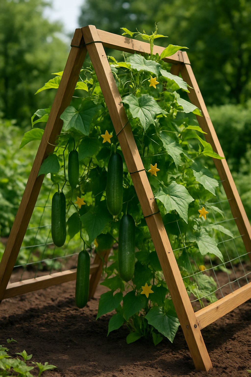 An A-frame wooden trellis supporting green cucumber vines with leaves, flowers, and cucumbers growing in a garden.