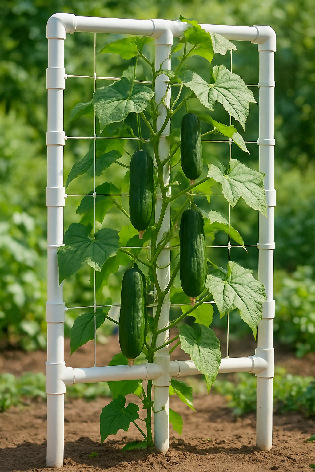 A white PVC pipe trellis supporting green cucumber vines with ripe cucumbers hanging, set in a garden.