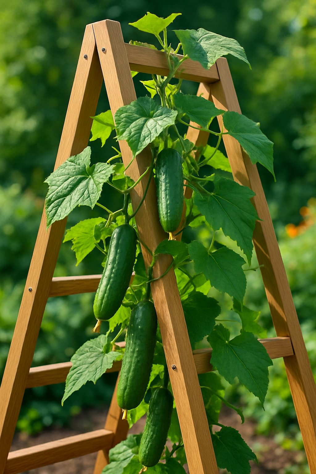 A wooden ladder trellis in a garden with green cucumber vines climbing and ripe cucumbers hanging.