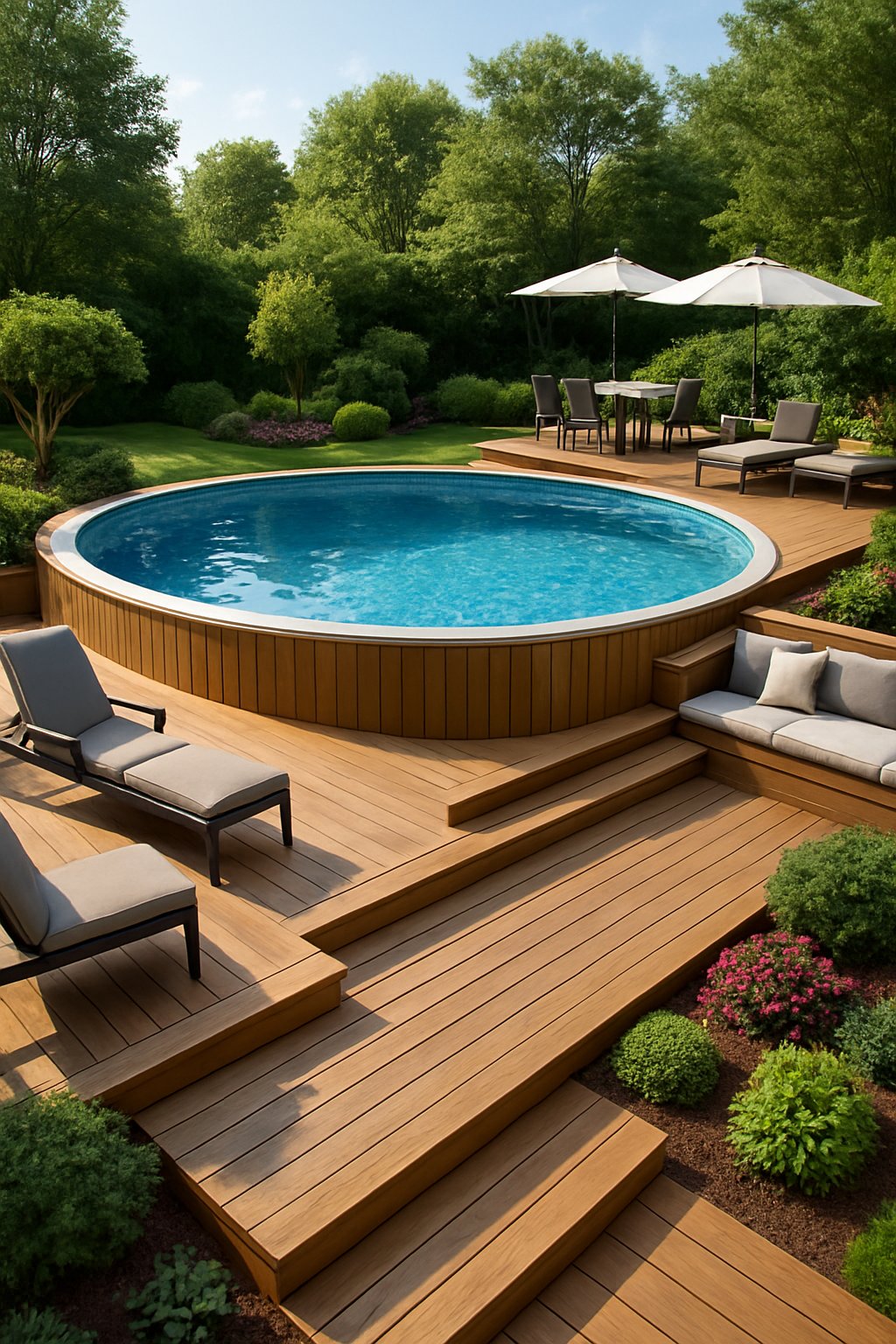 A spacious multi-level deck surrounds an above ground pool, with various seating areas and landscaping