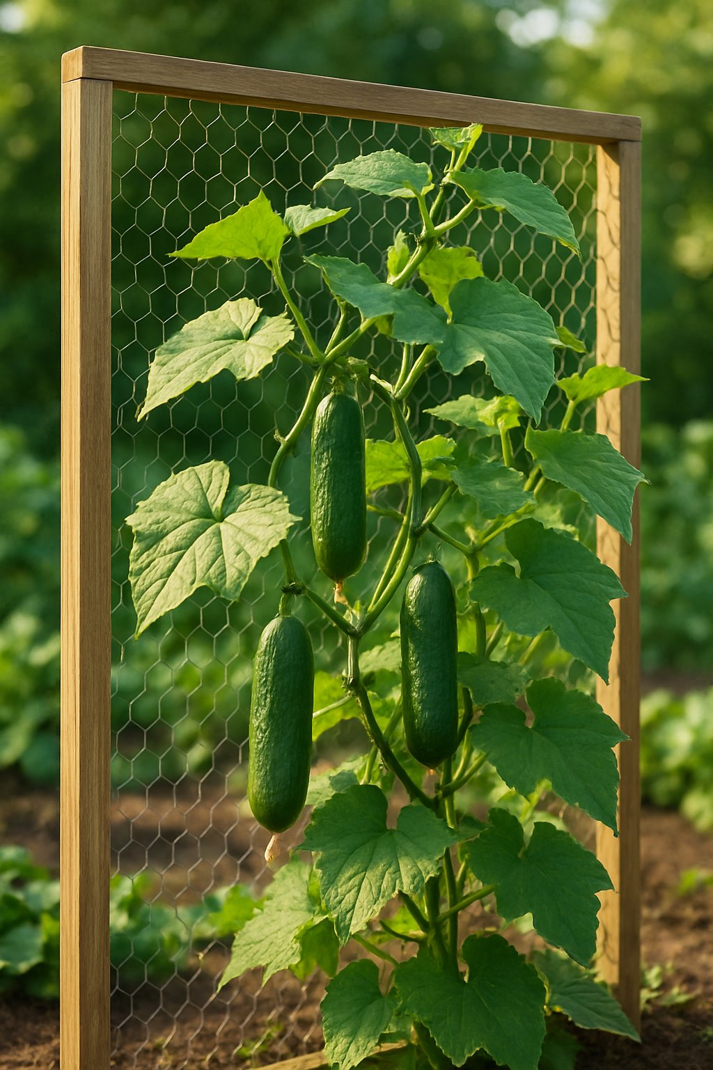 A garden scene with a wooden chicken wire trellis supporting green cucumber vines with ripe cucumbers hanging from them.