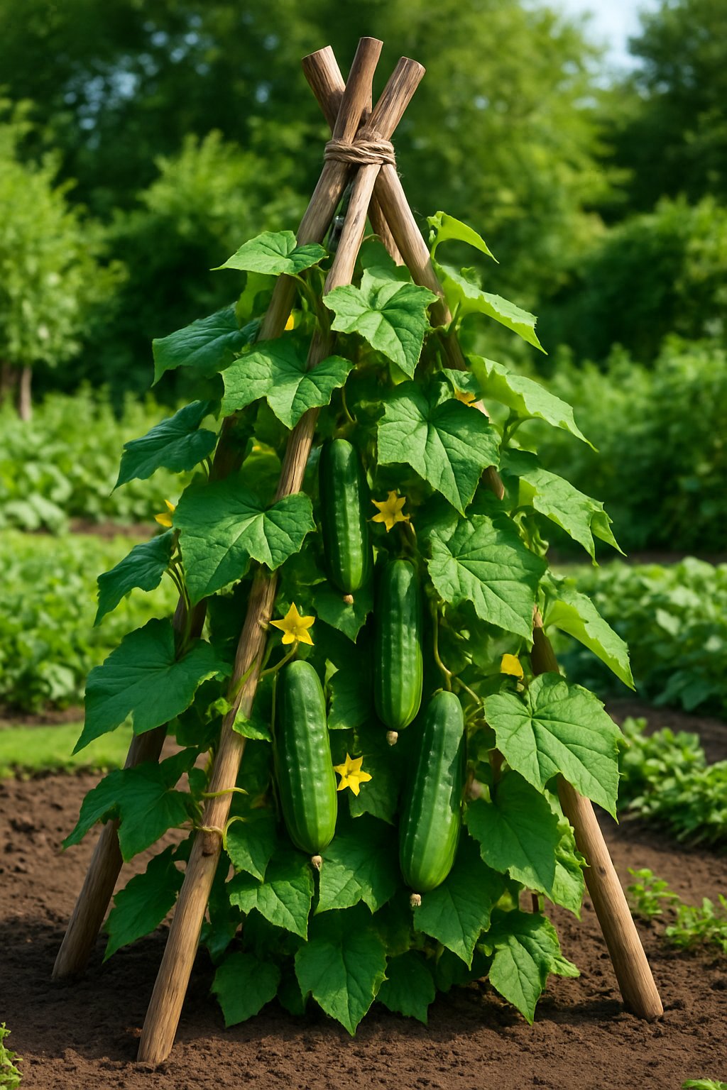 A garden with a wooden teepee cucumber trellis supporting green cucumber vines with leaves, flowers, and ripe cucumbers.