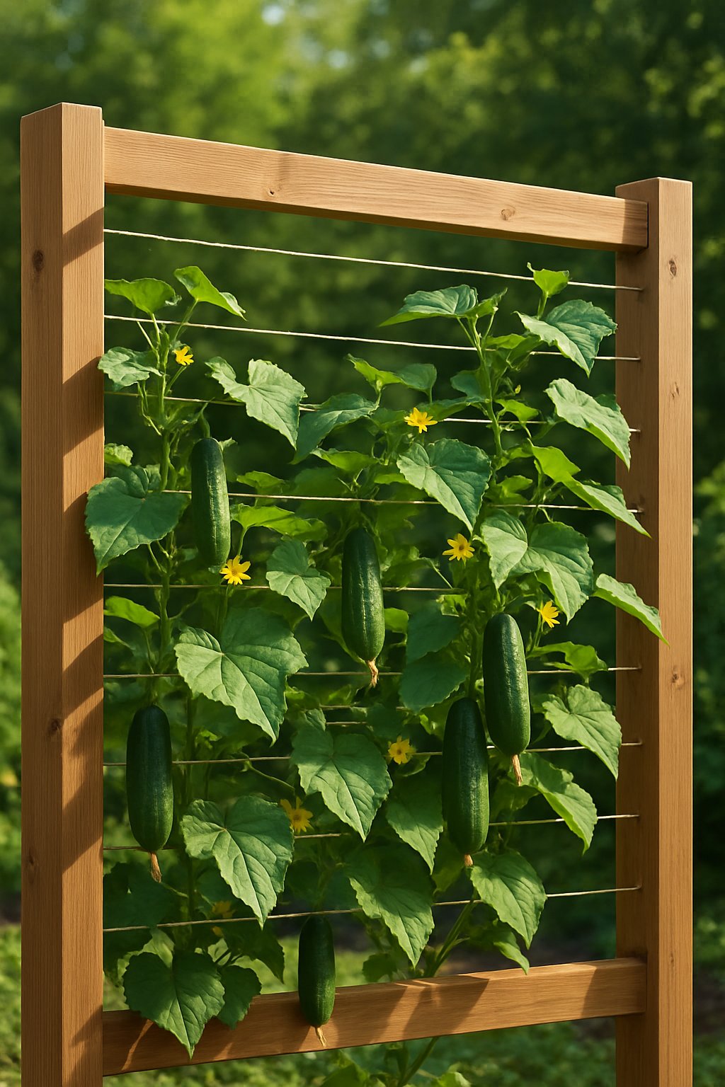 A wooden clothesline trellis supporting green cucumber vines with leaves and yellow flowers in a garden setting.