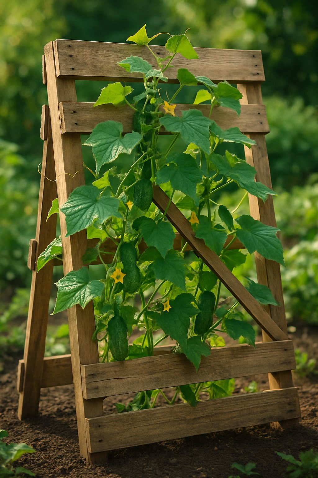 A wooden pallet trellis supporting cucumber vines with green leaves and small yellow flowers in a garden setting.