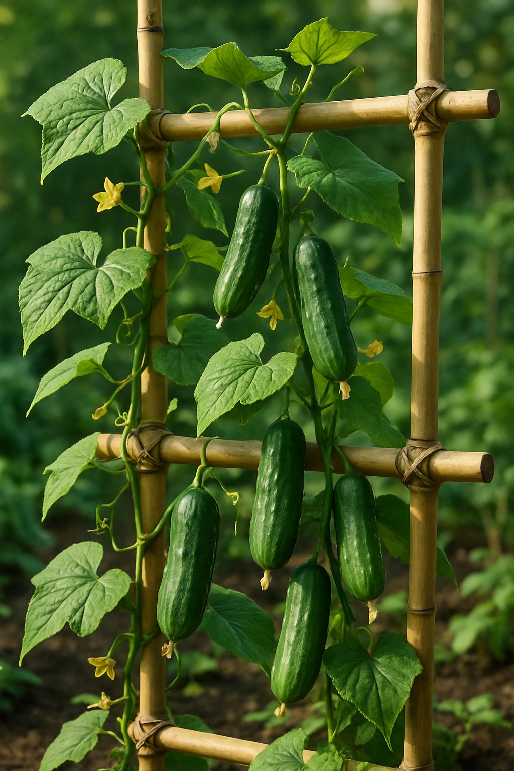 A bamboo stick trellis supporting green cucumber vines with leaves, flowers, and hanging cucumbers in a garden.