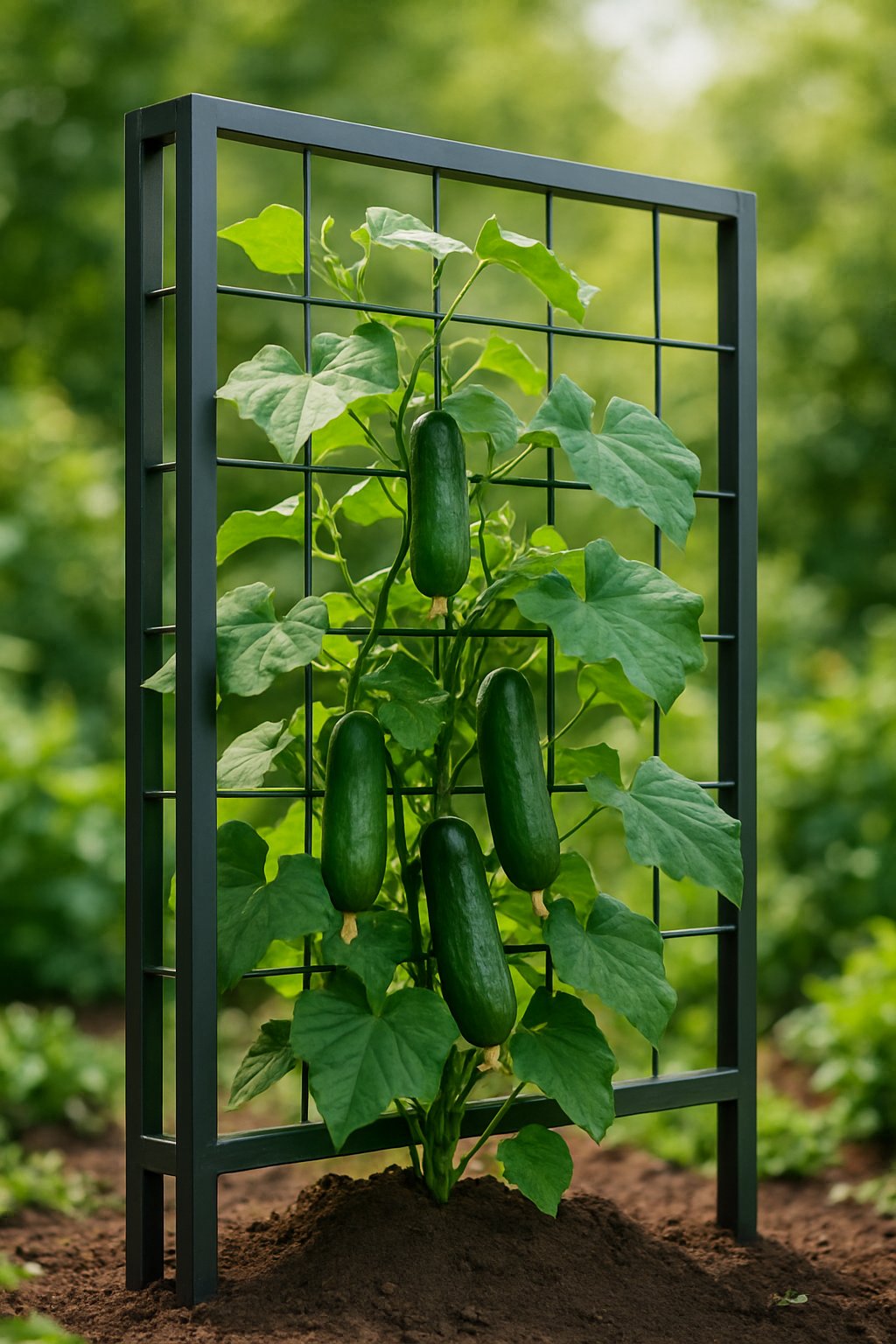 A metal frame trellis supporting cucumber plants with green leaves and ripe cucumbers in a garden setting.