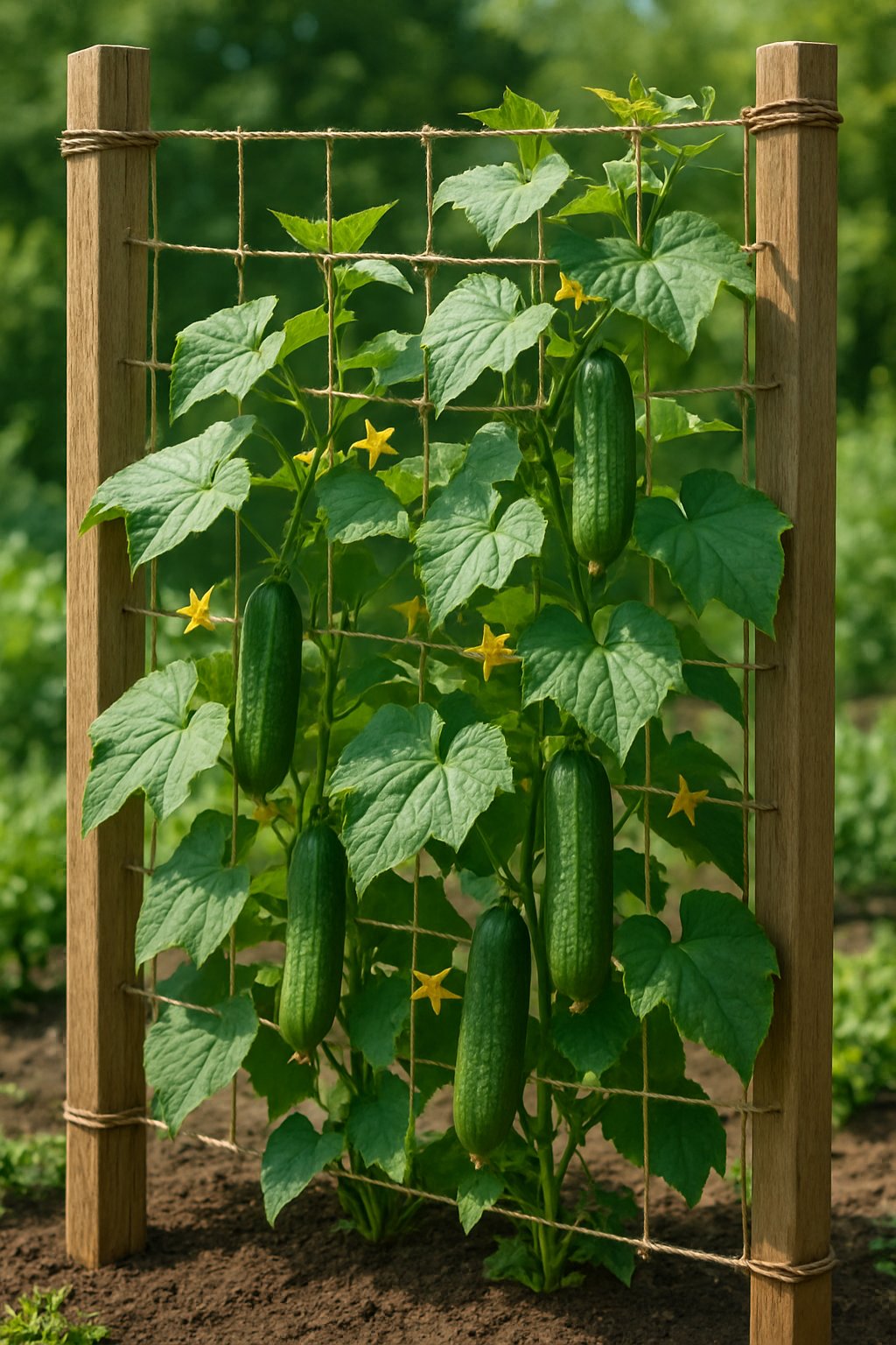 A garden with a wooden post and twine trellis supporting green cucumber plants with leaves and yellow flowers.