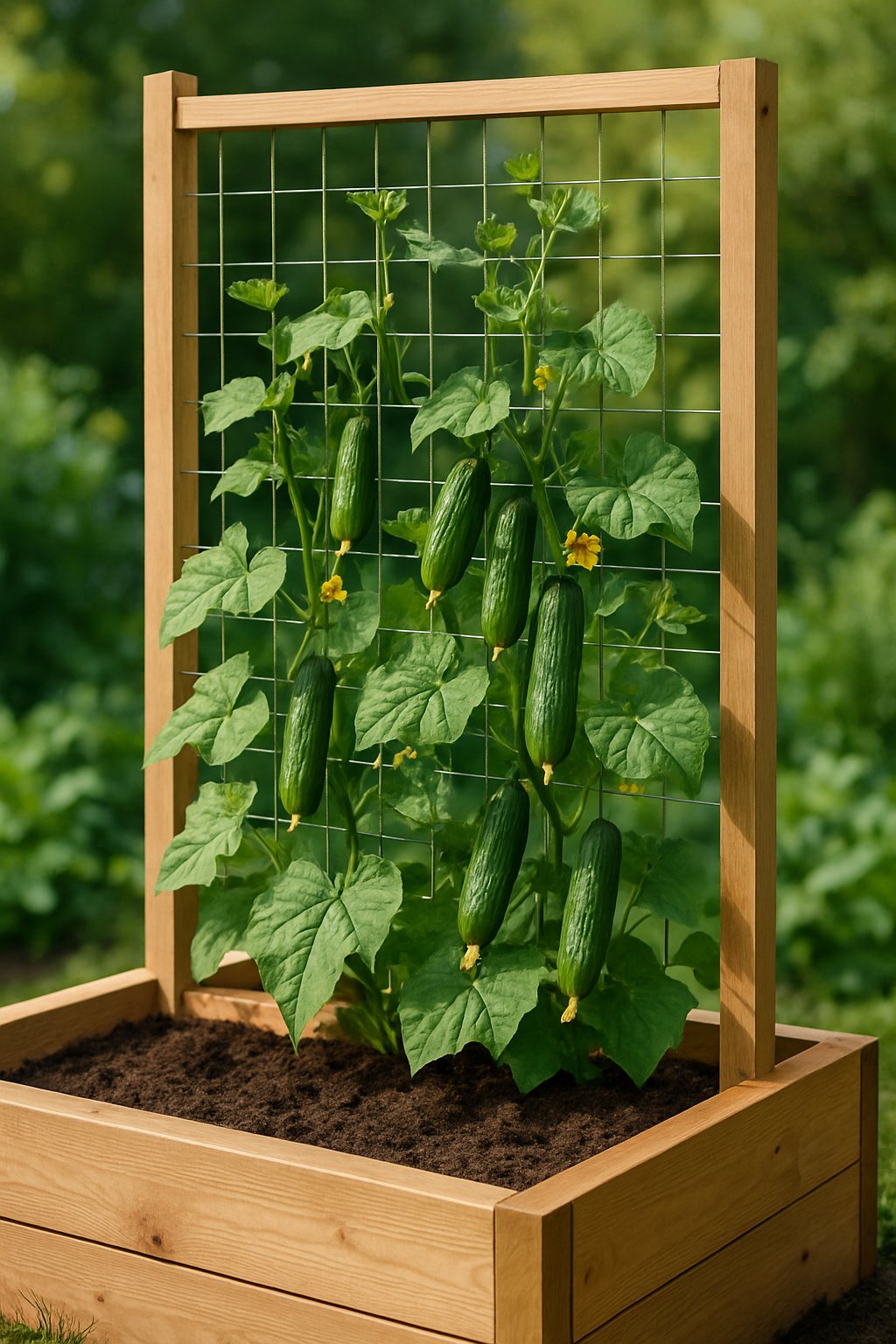 A raised garden bed with cucumber plants climbing a vertical wooden trellis in a garden setting.