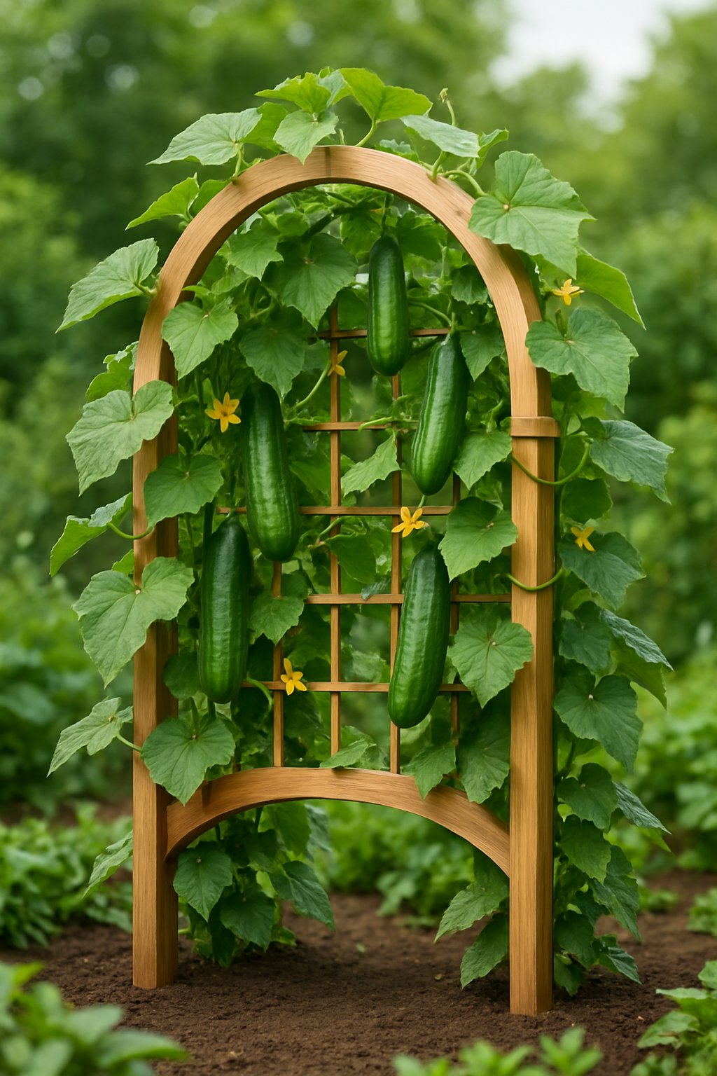 A wooden arch trellis covered with green cucumber vines and yellow flowers in a garden setting.