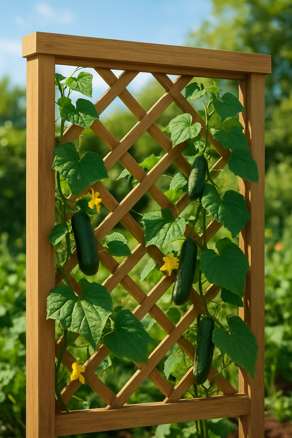 A wooden lattice panel trellis supporting green cucumber vines with leaves and yellow flowers in a garden setting.