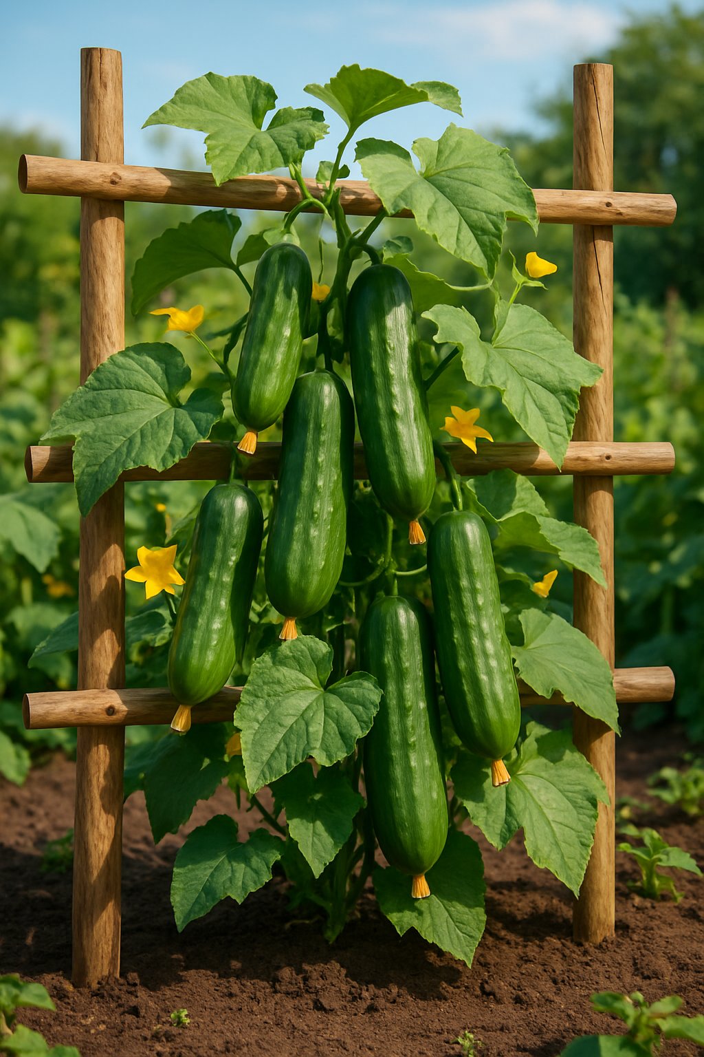 A garden fence with a wooden cucumber trellis supporting green cucumber vines with fresh cucumbers and flowers.