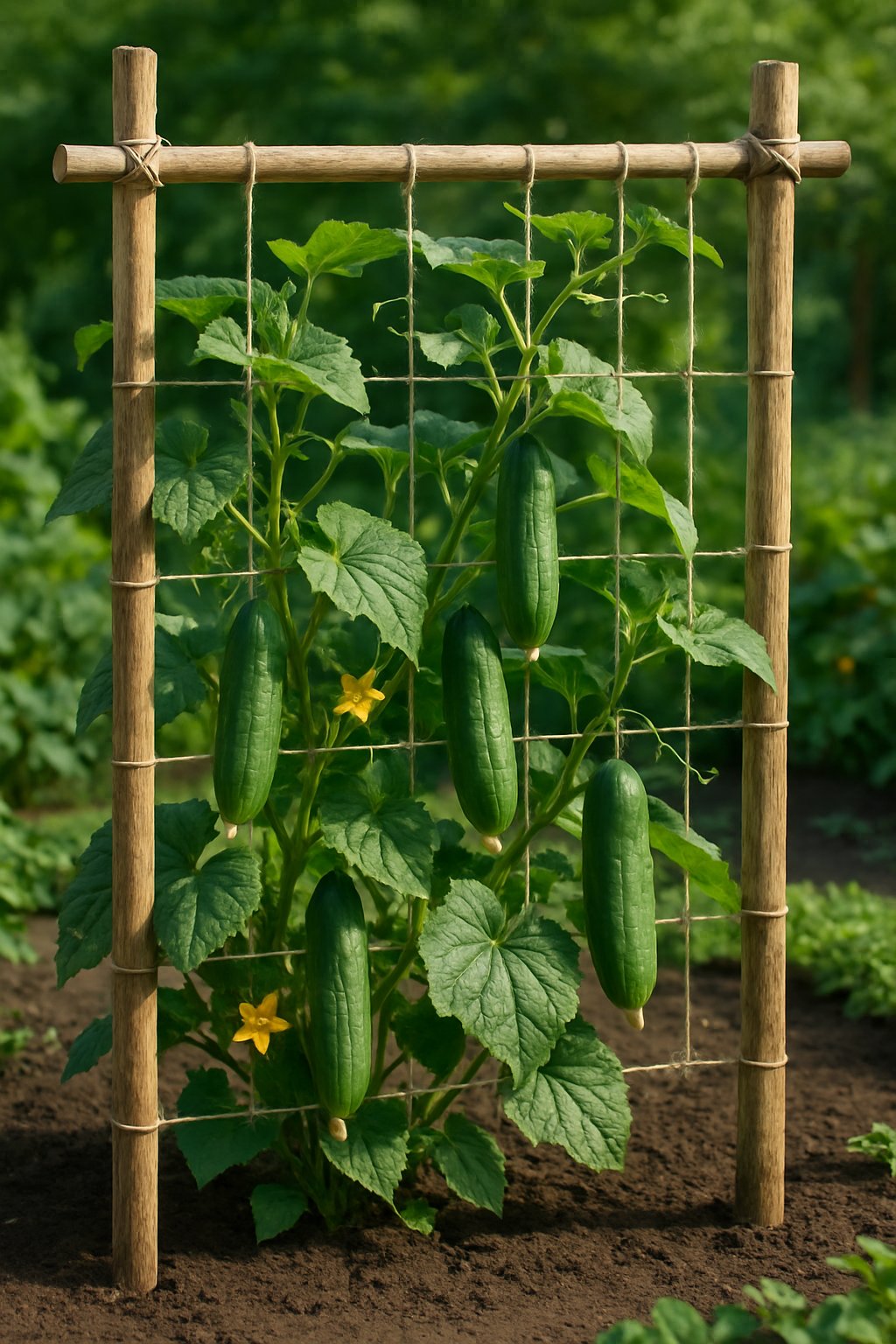 A garden with a wooden string and stake trellis supporting green cucumber vines with fresh cucumbers growing.