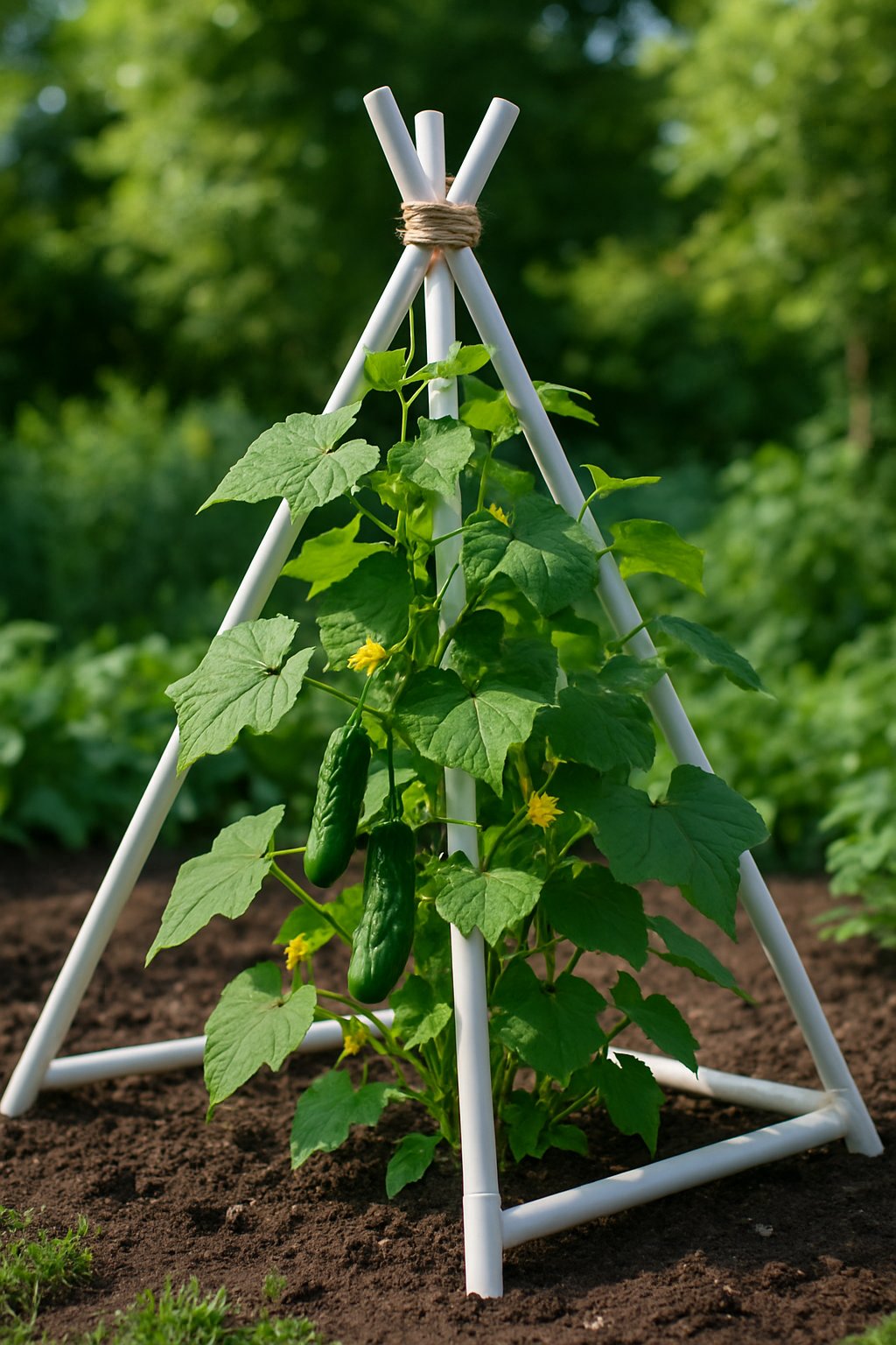 A PVC teepee trellis supporting cucumber plants with green leaves and yellow flowers in a garden.