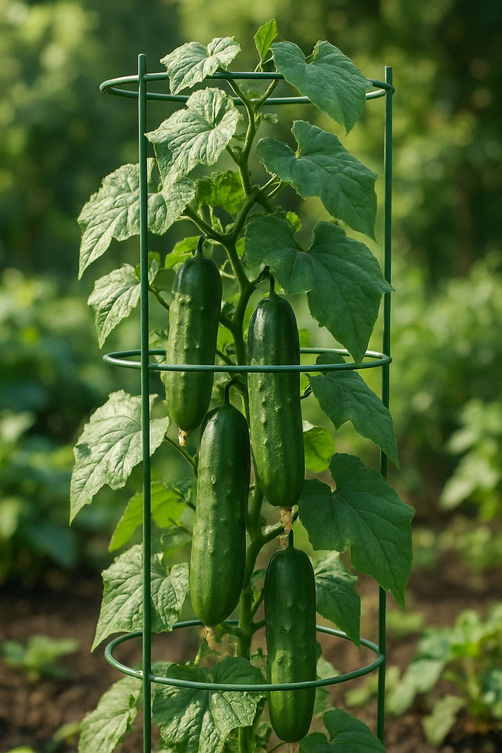 Vertical metal tomato cage used as a trellis supporting green cucumber vines with cucumbers growing among lush leaves in a garden.