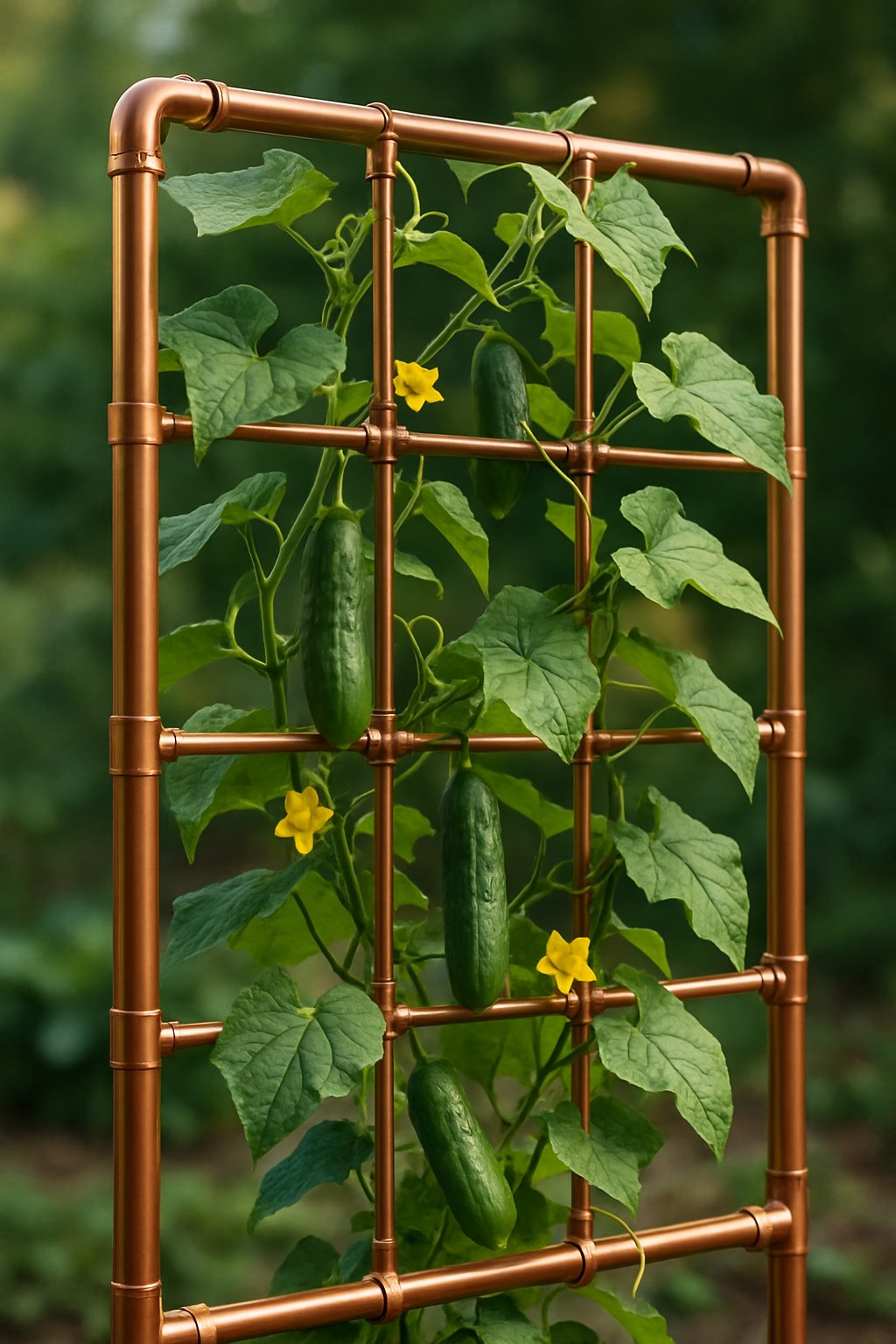 A copper pipe trellis supporting green cucumber vines with leaves and flowers outdoors.