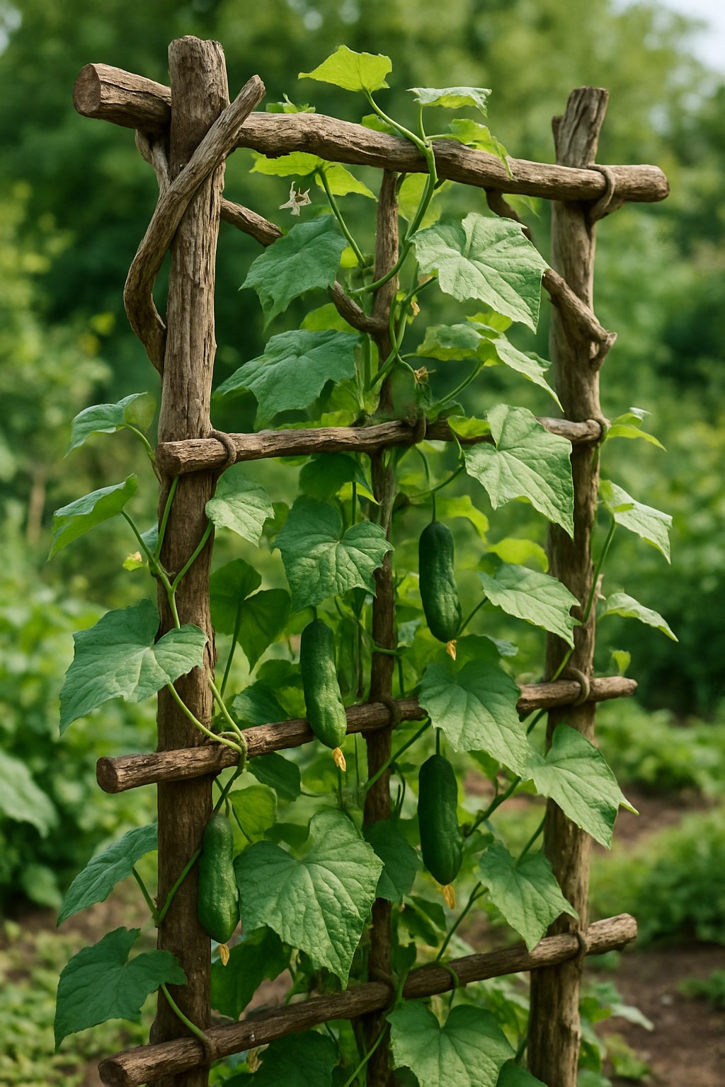A rustic wooden branch trellis with cucumber vines climbing and growing in a garden setting.