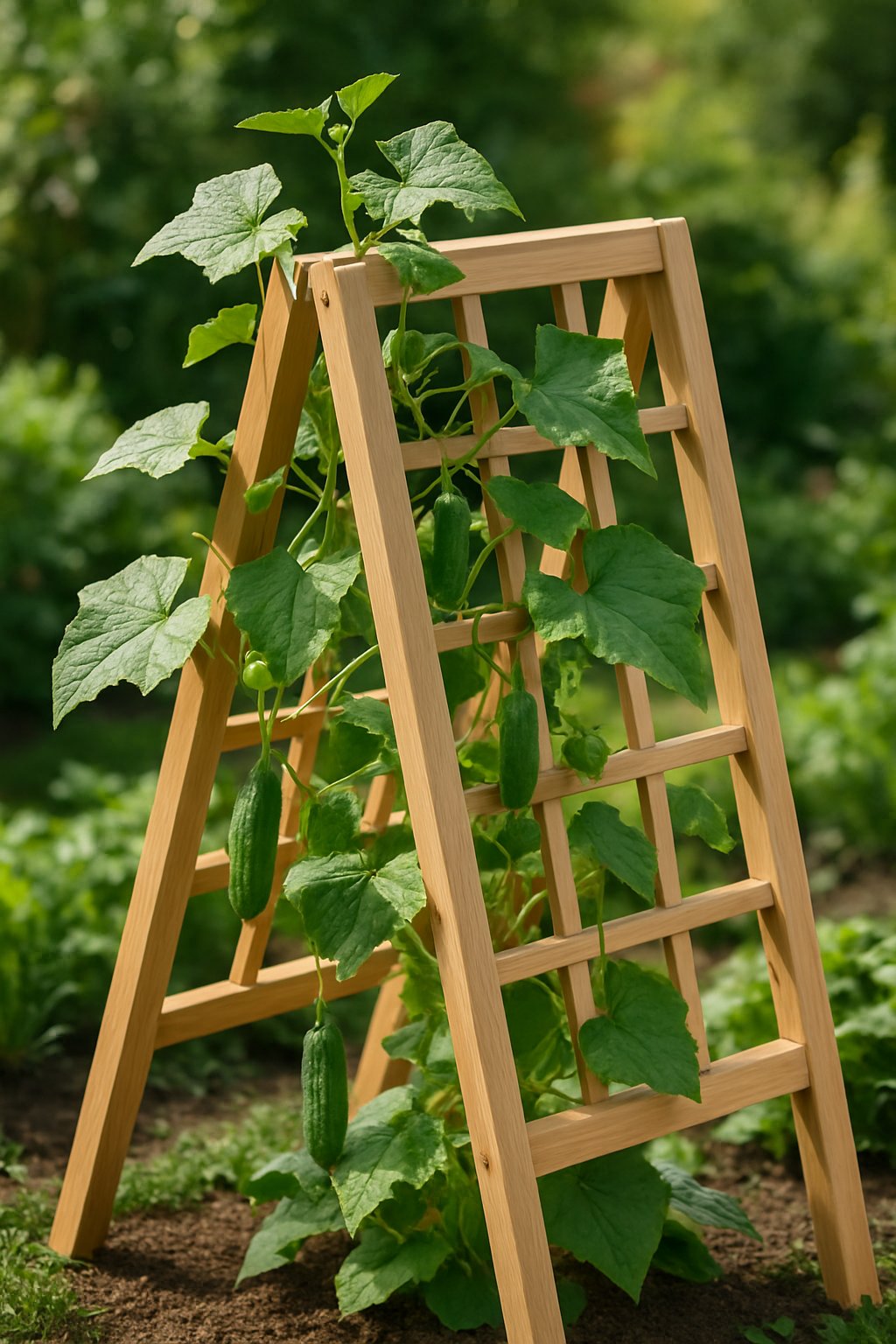 A foldable wooden trellis supporting cucumber vines with green leaves and cucumbers in a garden setting.