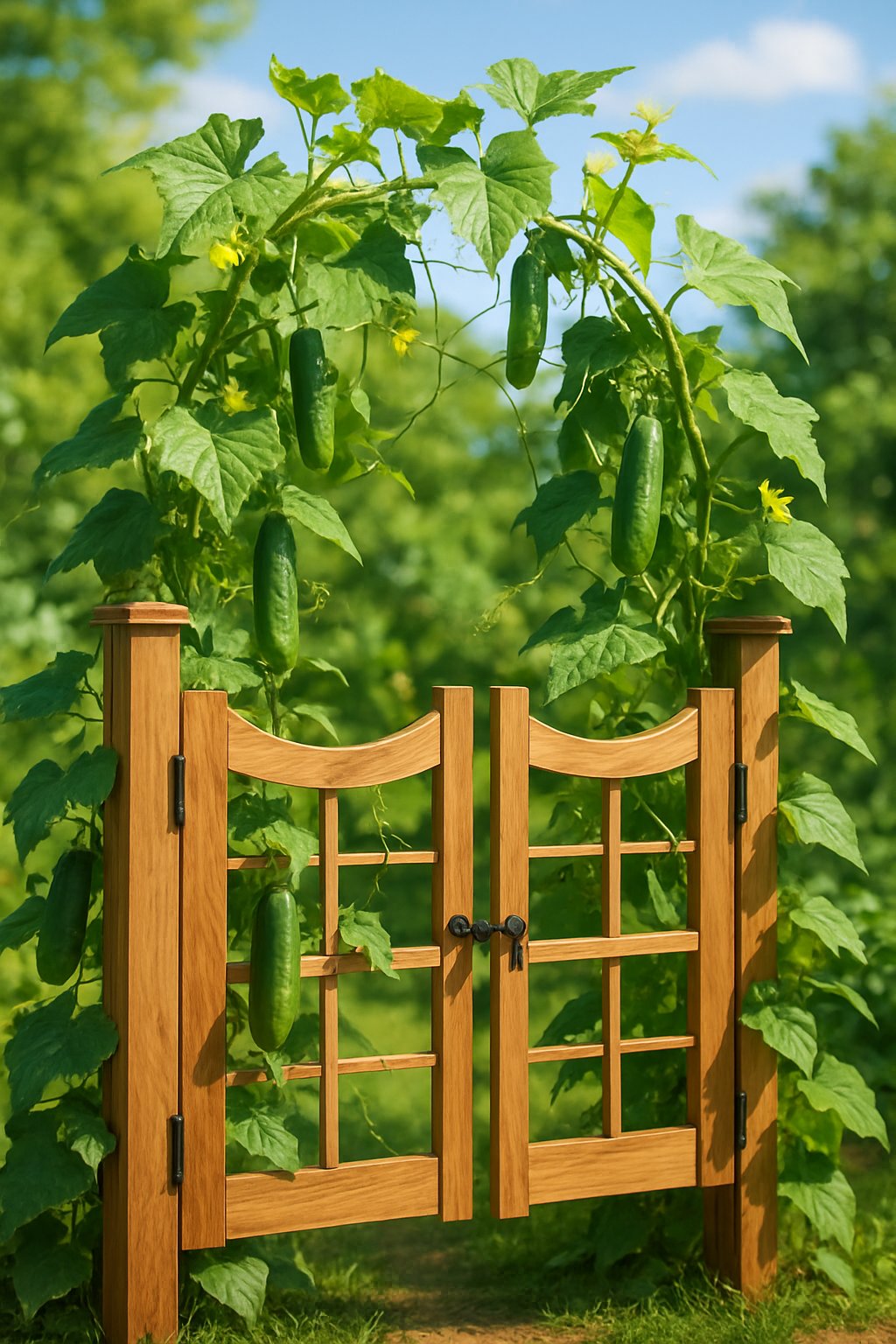 A wooden swing gate-style trellis with cucumber vines growing on it in a sunny garden.