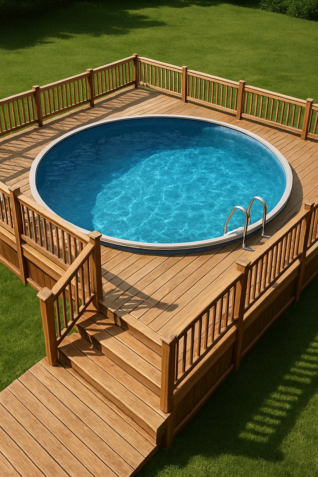 Aerial view of wooden decks with railings surrounding above ground pool in backyard of house