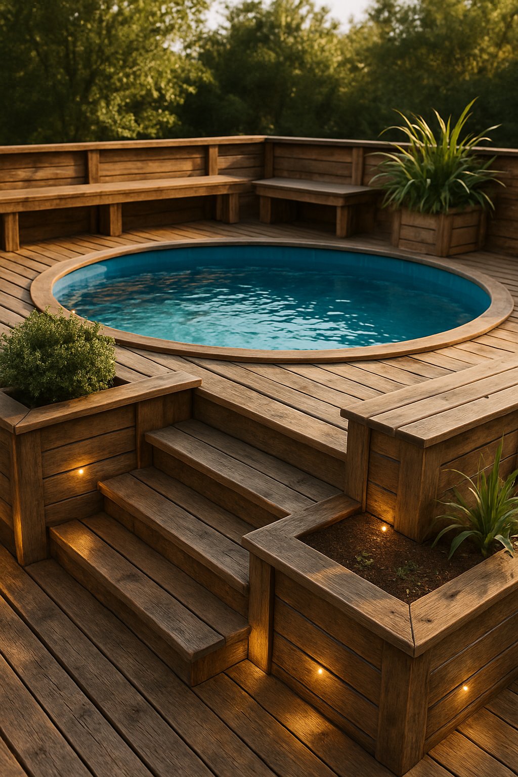 pool deck for above ground pools ideas featuring the idea of Rustic Wooden Pool Decks.