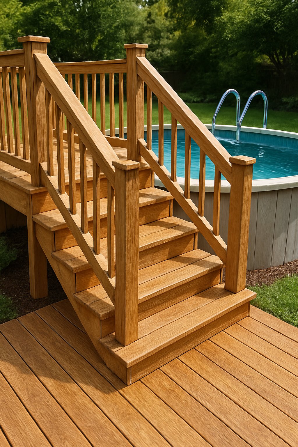pool deck for above ground pools ideas featuring the idea of Pool Decks with Stairs.