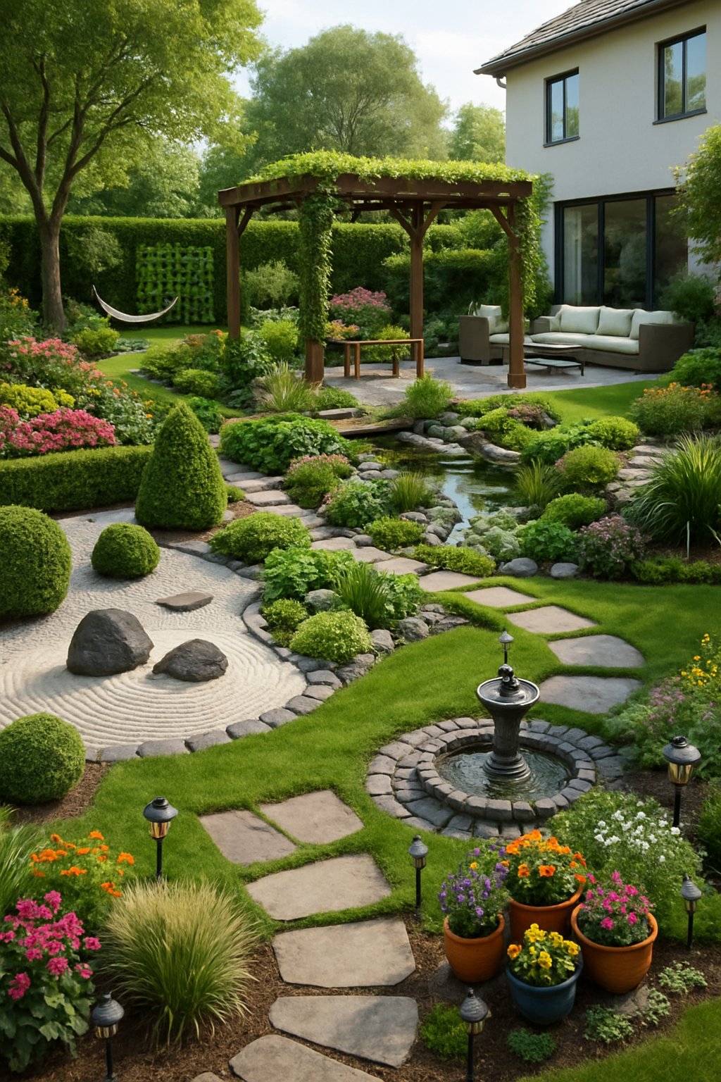 A backyard of a house featuring a variety of garden elements including flower beds, a pergola, a koi pond, vegetable planters, stone pathways, and outdoor seating.