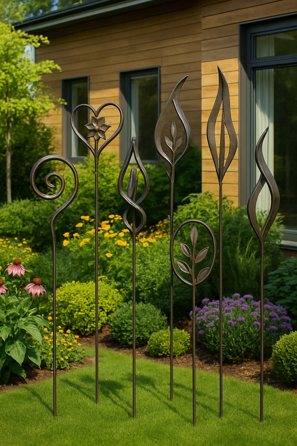 A backyard garden with tall metal sculptures surrounded by green plants and flowers next to a modern house.