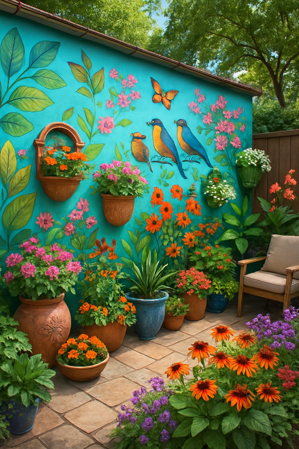 A backyard patio with colorful wall art surrounded by lush plants, flowers, and garden decorations, creating a bright and inviting outdoor space.