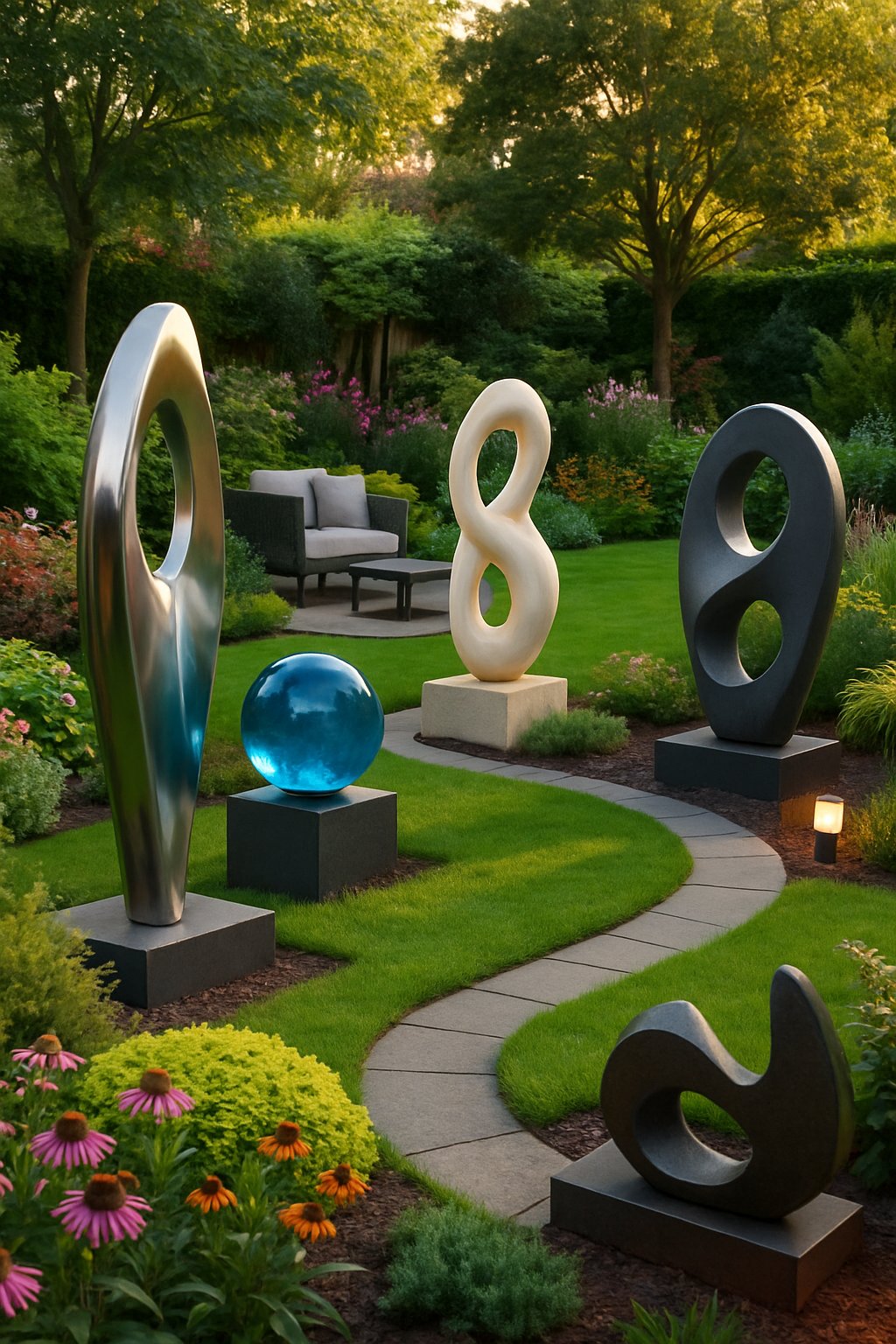 A backyard garden with abstract modern statues surrounded by green plants, flowers, stone pathways, and outdoor seating areas.