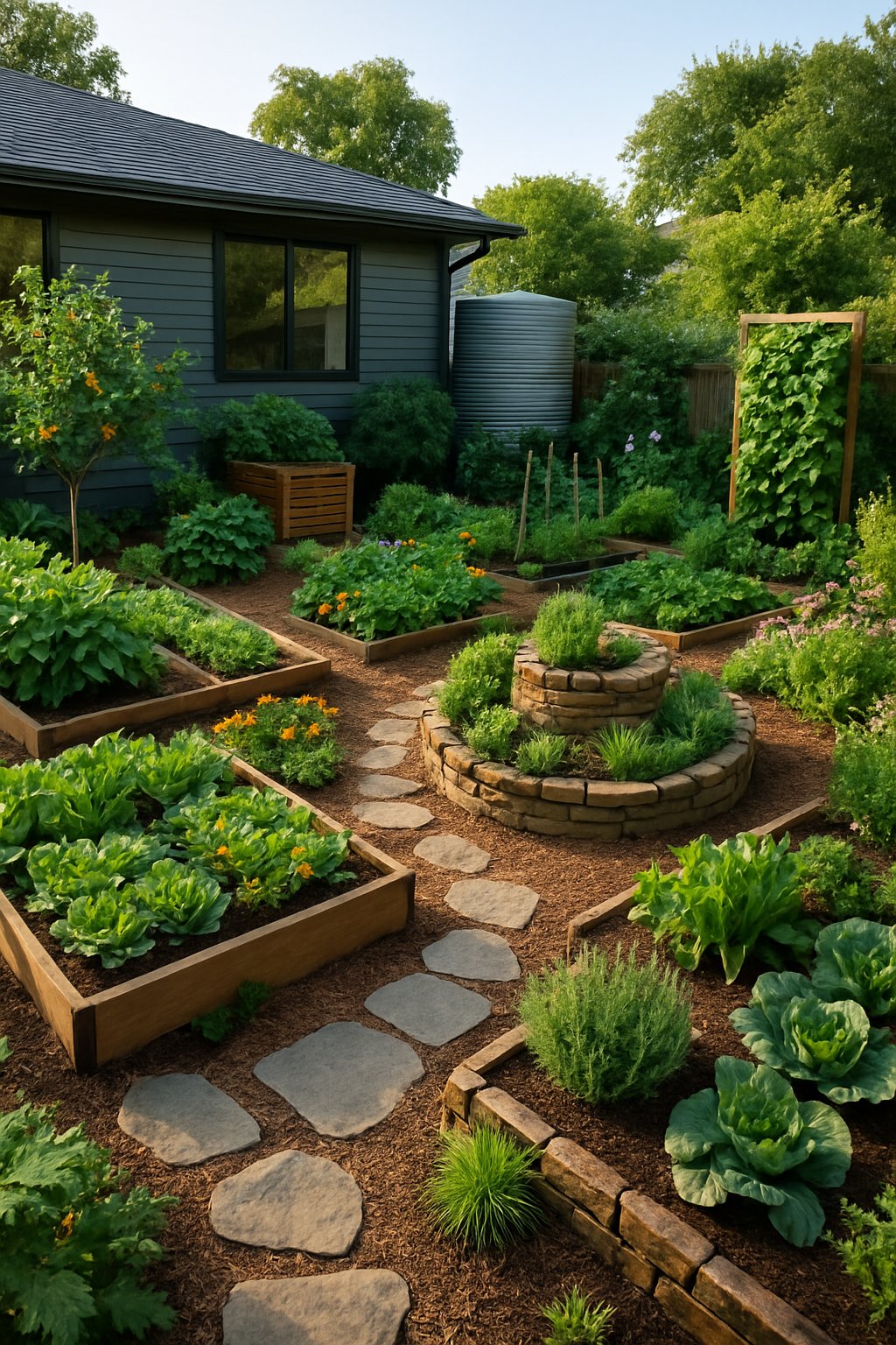 A backyard garden with various sustainable permaculture designs including raised beds, fruit trees, flowers, pathways, and compost areas surrounding a modern house.